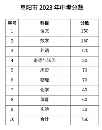 安徽省阜阳2024年中考总分