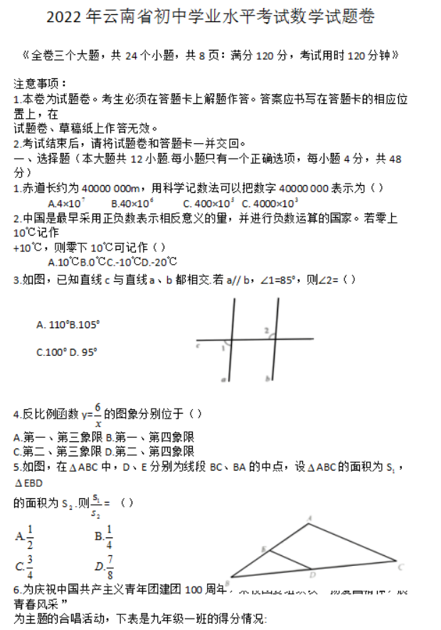 2022年云南中考数学真题及答案【图片版】