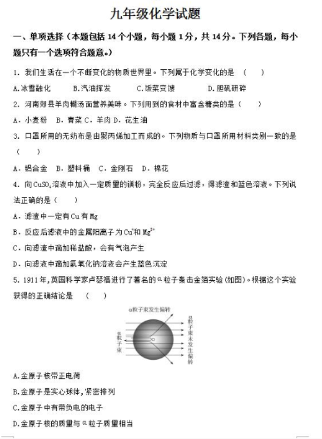 2023大庆实验中学中考化学模拟试题