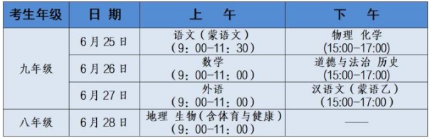 2021兴安盟中考时间及考试科目安排