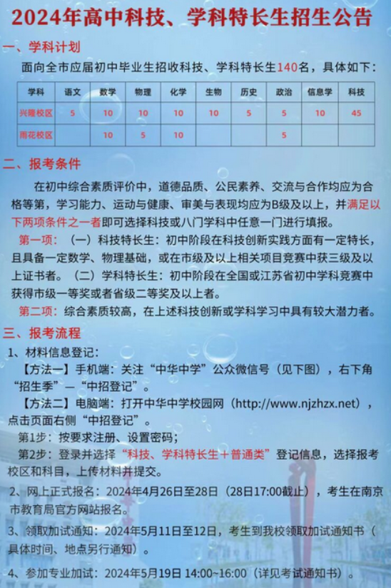 2024年南京中华中学中考特长生招生计划