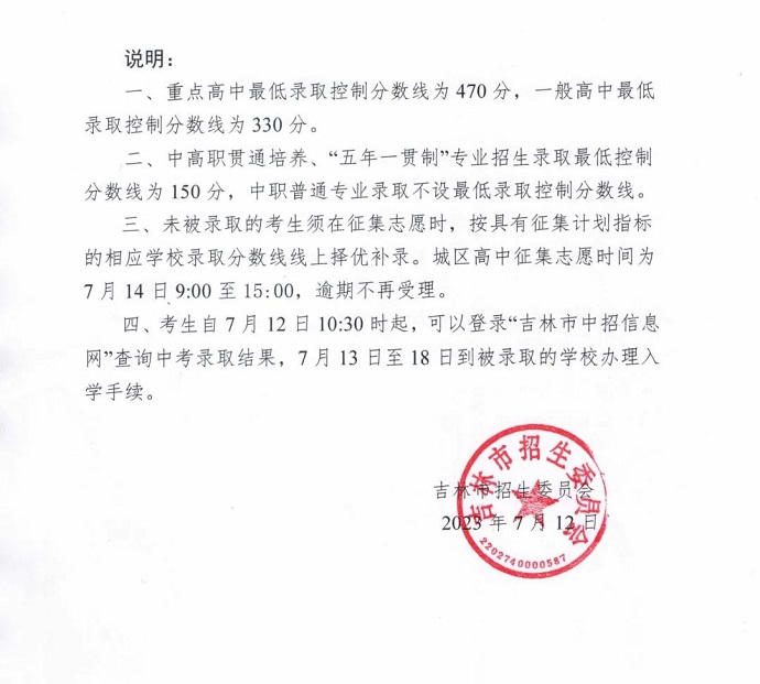 2023吉林市中考最低录取分数线公布