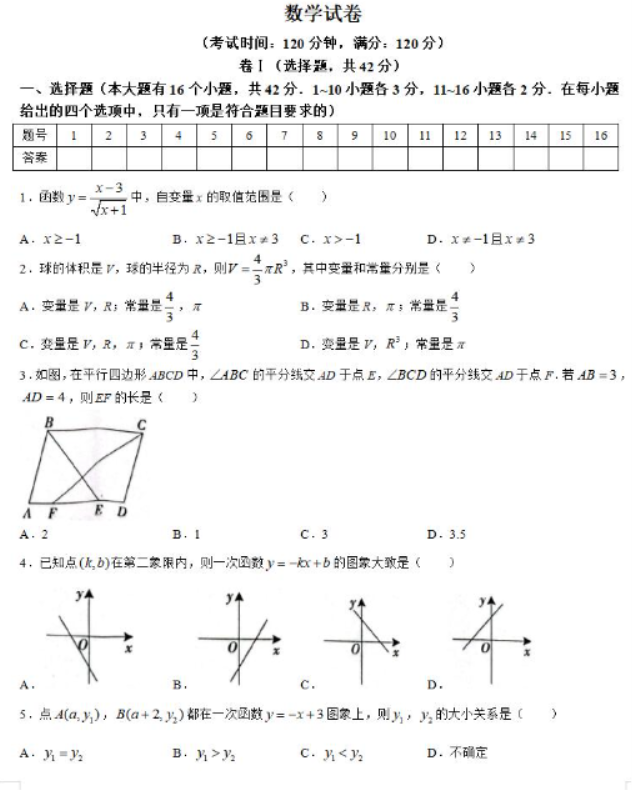 初二数学试卷及答案免费（图片版）