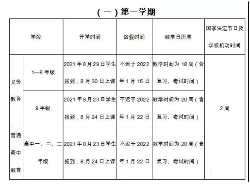 2021-2022云南中小学校历公布