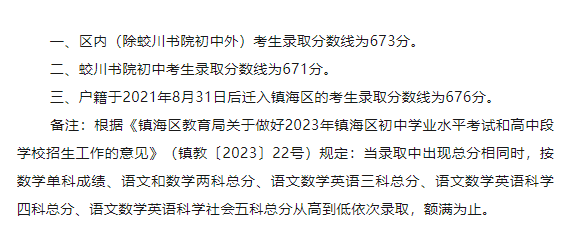 2023年宁波镇海中考录取分数线公布