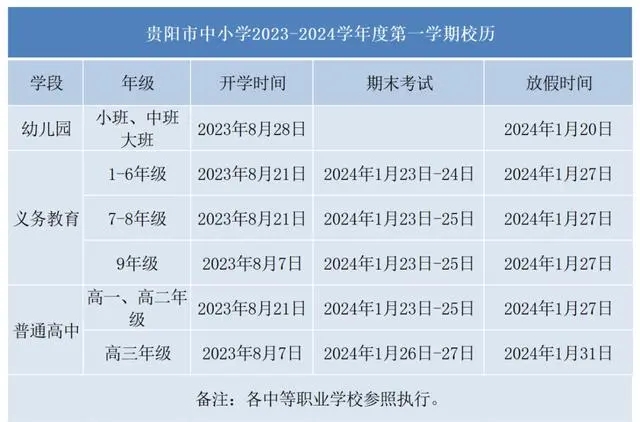 2024学年贵阳中小学校历 寒暑假放假时间