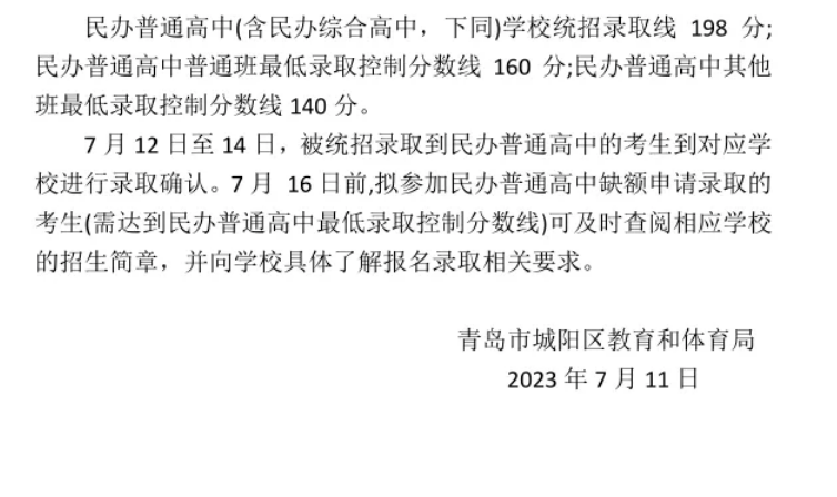 2023青岛城阳区中考各高中录取分数线公布