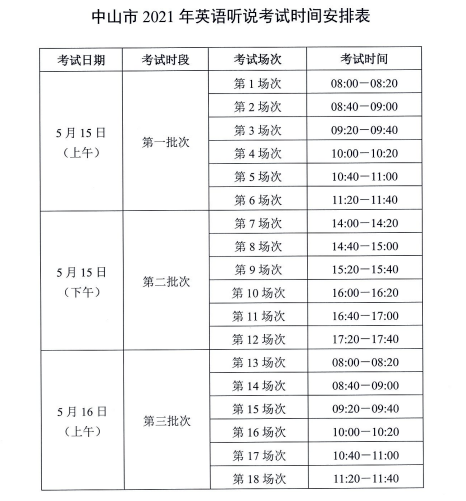2021中山中考英语听说考试时间安排表