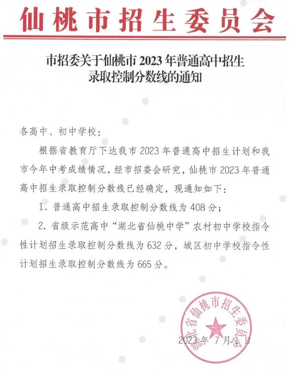 2023仙桃高中排名一览表和录取分数线