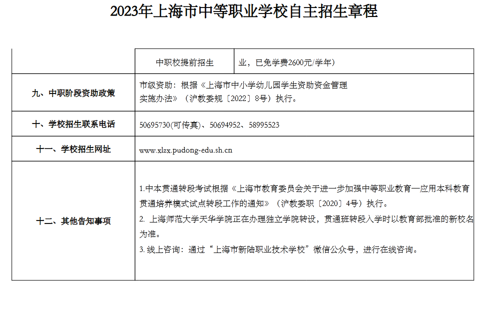 2023年上海新陆职业技术学校中考自主招生计划公布