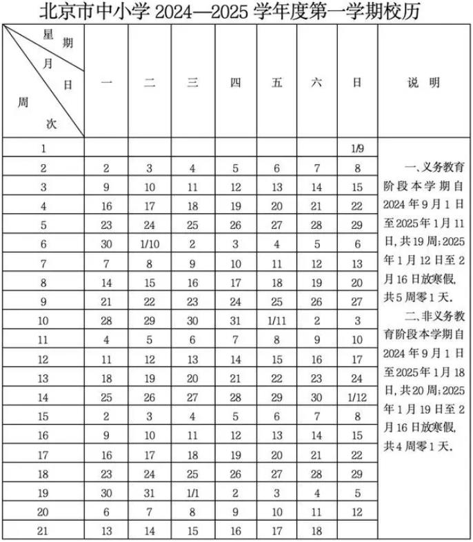 2024-2025学年北京中小学校历 寒暑假放假时间