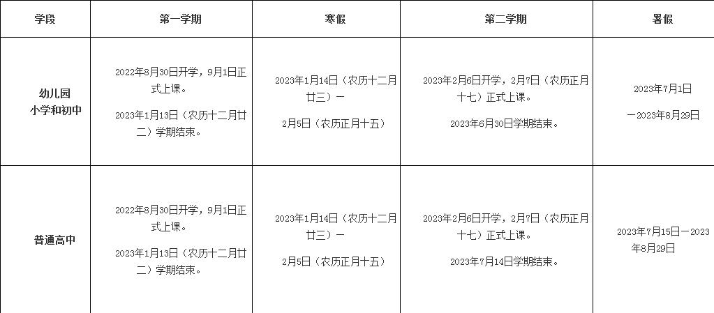 莆田中小学2022-2023学年校历 最新寒假放假时间