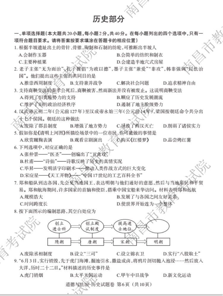 2022南昌中考历史真题及答案【图片版】