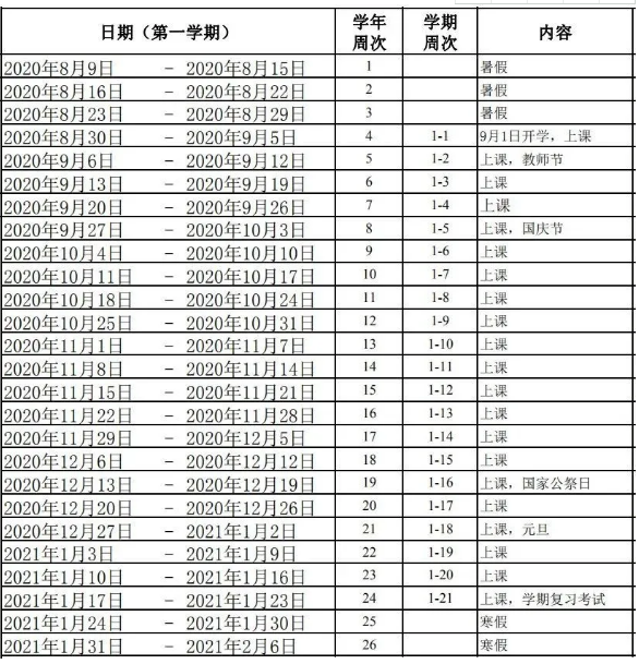 2020-2021珠海中小学校历公布