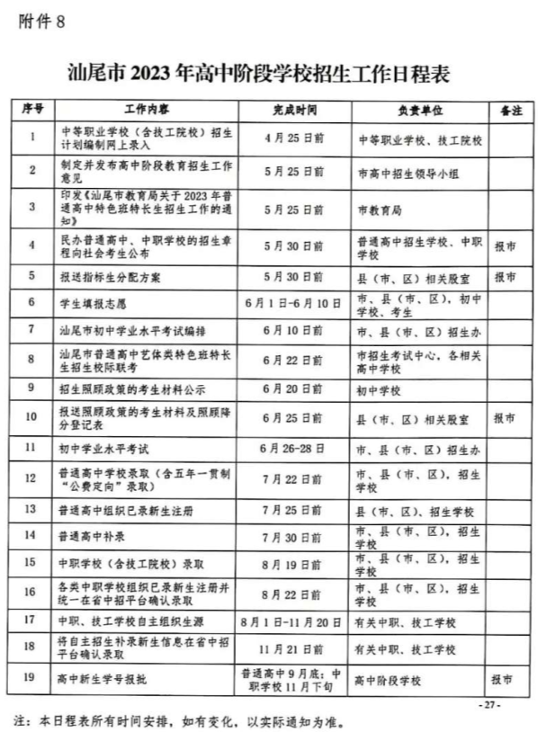 2023汕尾中考招生录取时间安排