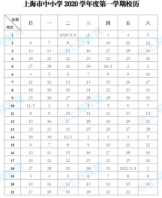 2021上海中小学寒假时间