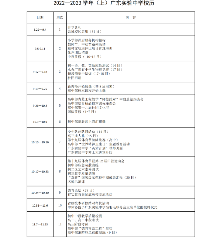 2022-2023学年上学期广东实验中学期中考试时间