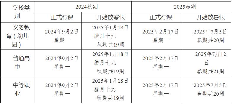 2024-2025学年宜宾中小学校历 寒暑假放假时间
