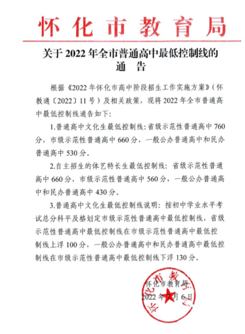2022年怀化中考普高录取分数线