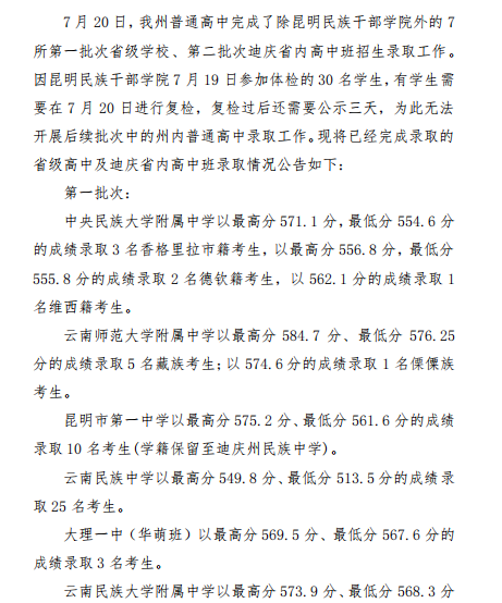2022迪庆中考各高中录取分数线公布