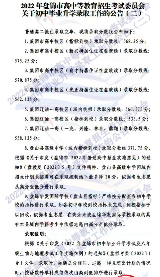 2022年盘锦普高中考录取分数线公布