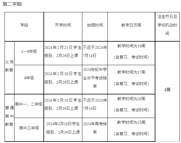 2024年曲靖中小学校历 寒暑假放假时间