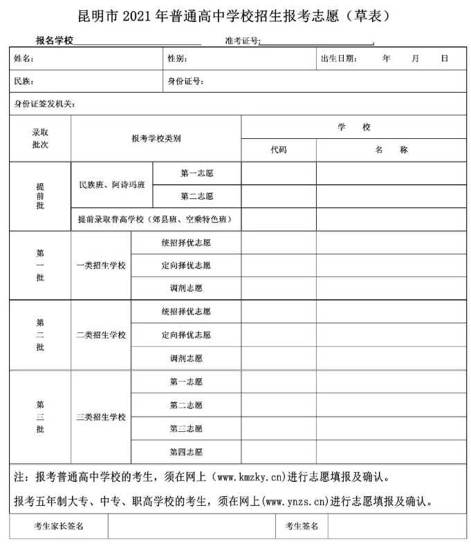 昆明市主城区中考志愿填报草表