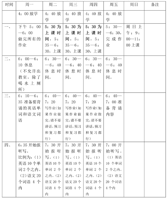小学辅导班课程安排