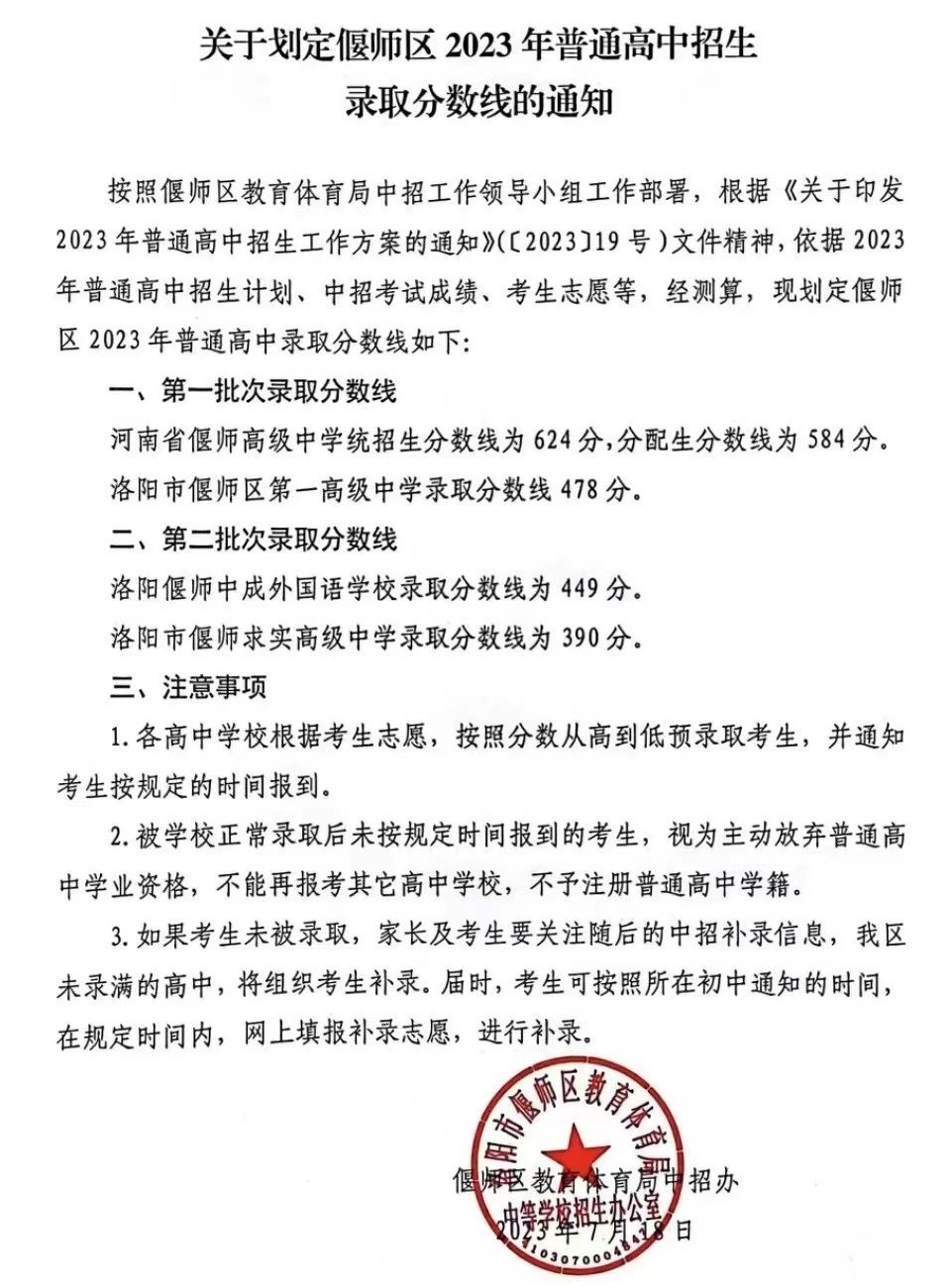 2023洛阳偃师区普通高中录取分数线
