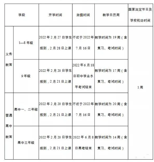 2021-2022云南中小学校历公布