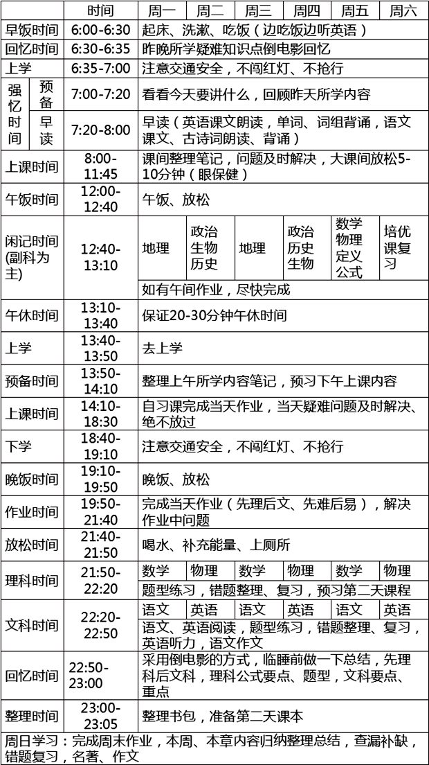 学生一天24小时的计划表