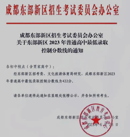 2023成都东部新区中考录取分数线公布