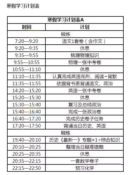 2021初三寒假计划表