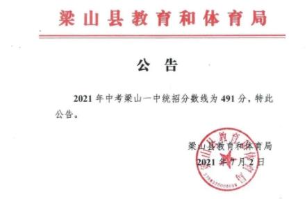 2021年济宁梁山县普通高中录取分数线