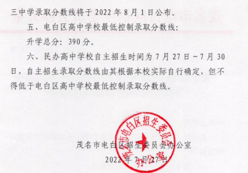 2022茂名电白区中考录取分数线公布