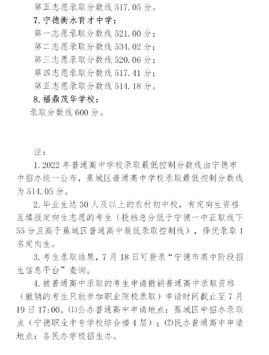 2022宁德蕉城区中考各批次录取分数线公布