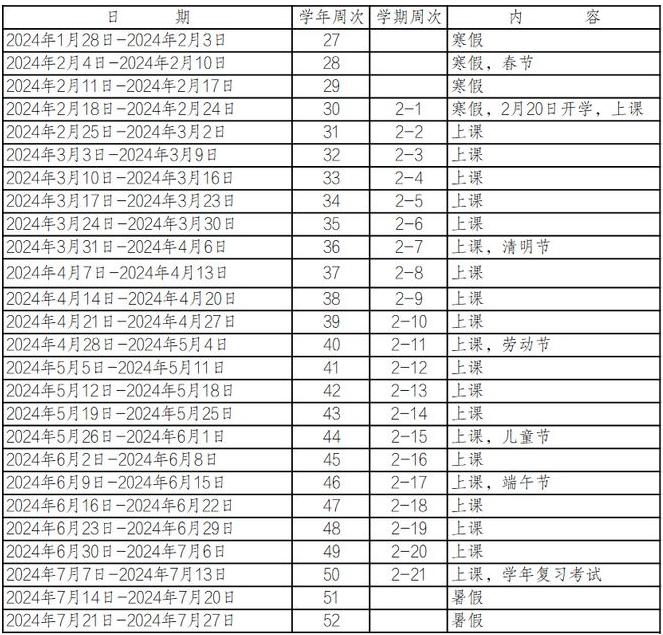 2024学年珠海中小学校历 暑假放假时间
