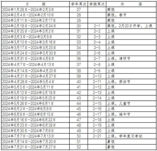 2024学年珠海中小学校历 暑假放假时间