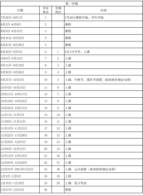 2020-2021汕尾中小学校历公布