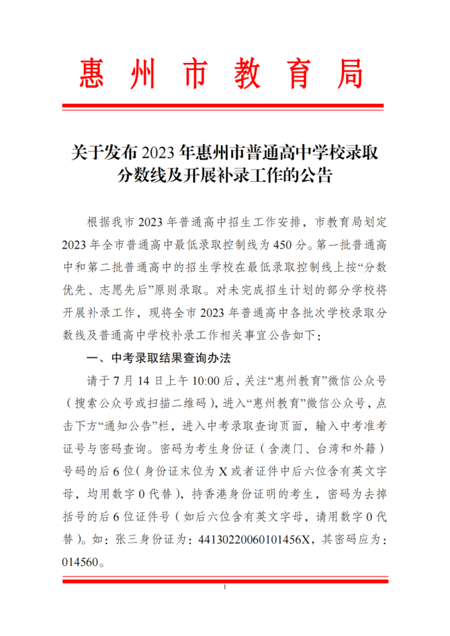 2023惠州中考各批次学校录取分数线
