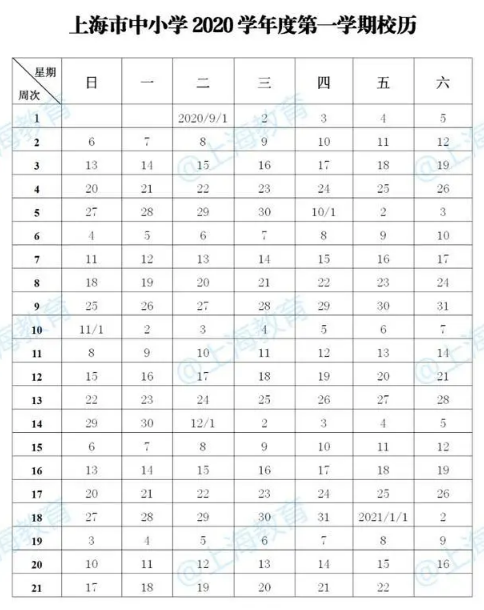 2020-2021上海中小学校历