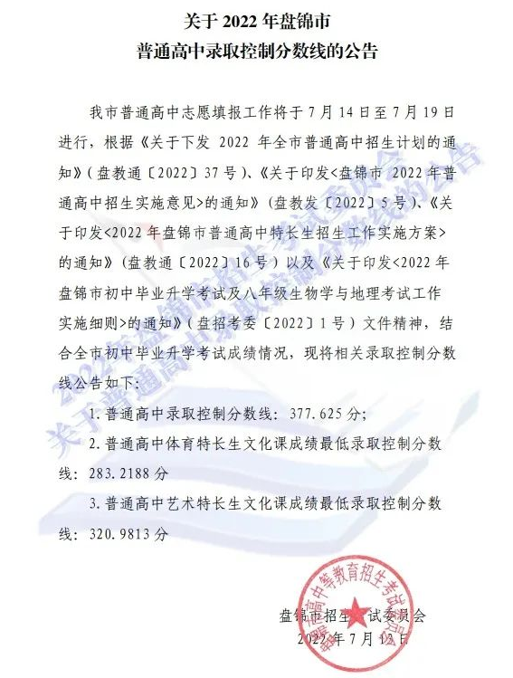 2022年盘锦普高中考录取分数线公布