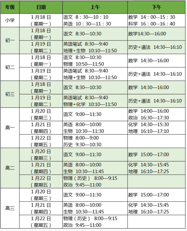 2021深圳南山区中小学期末考试时间安排