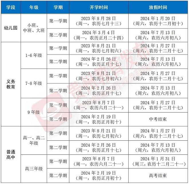 2024学年遵义中小学校历 寒暑假放假时间