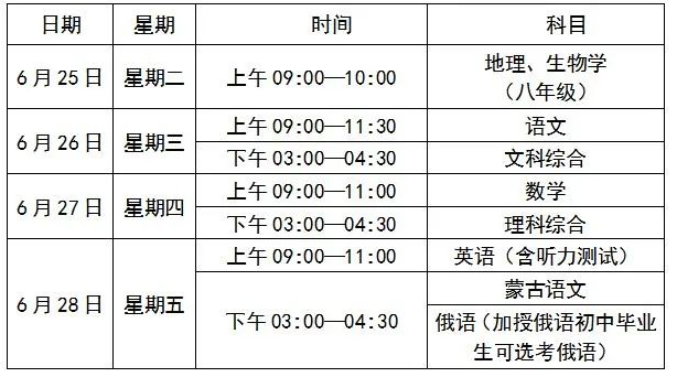 2024包头中考时间及各科安排